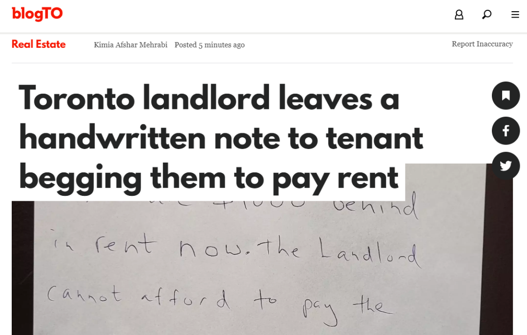 卑微！多伦多一房东手写字条，请求租客付清拖欠的$9000房租！