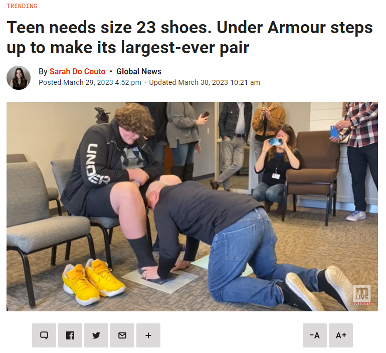 脚比奥尼尔还大！北美14岁少年身高2米08，根本买不到鞋！这些著名品牌纷纷伸出援手…