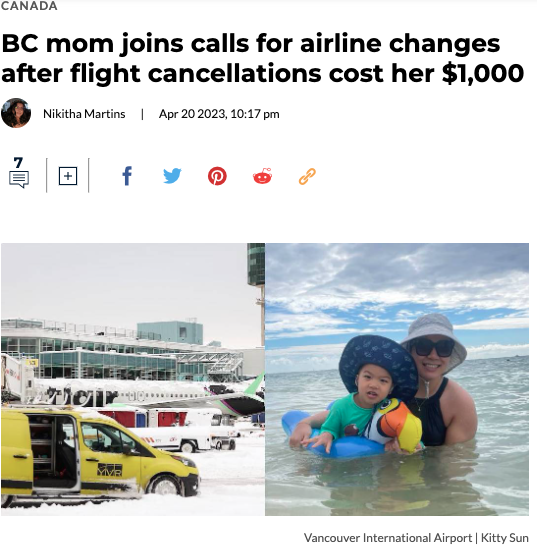 加拿大华人全家返程航班被突然取消！损失$1000！孩子妈抗议索偿