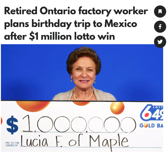 大多伦多75岁退休工厂女工中$100万大奖！计划去国外过生日！