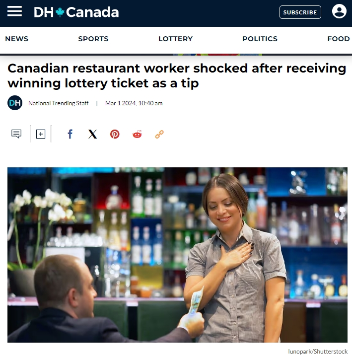惊喜！加拿大20岁餐馆服务生收到$10w小费！顾客给的彩票中大奖