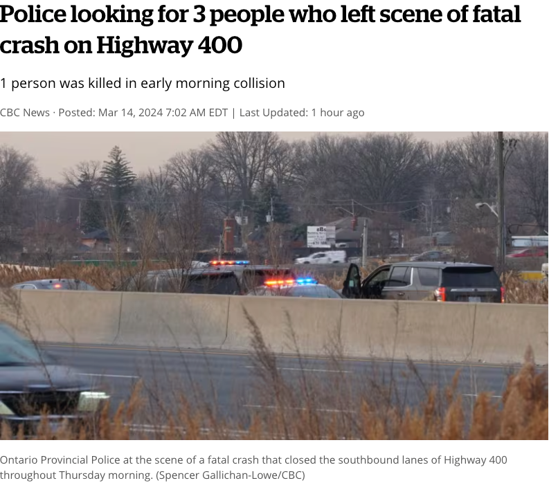 今晨，多伦多宝马超速追尾卡车，1人当场死亡，3名同伴却下车跑了