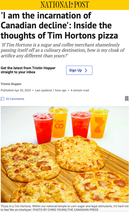 “加拿大衰落的化身”，国民咖啡Tim Hortons卖披萨被狂吐槽